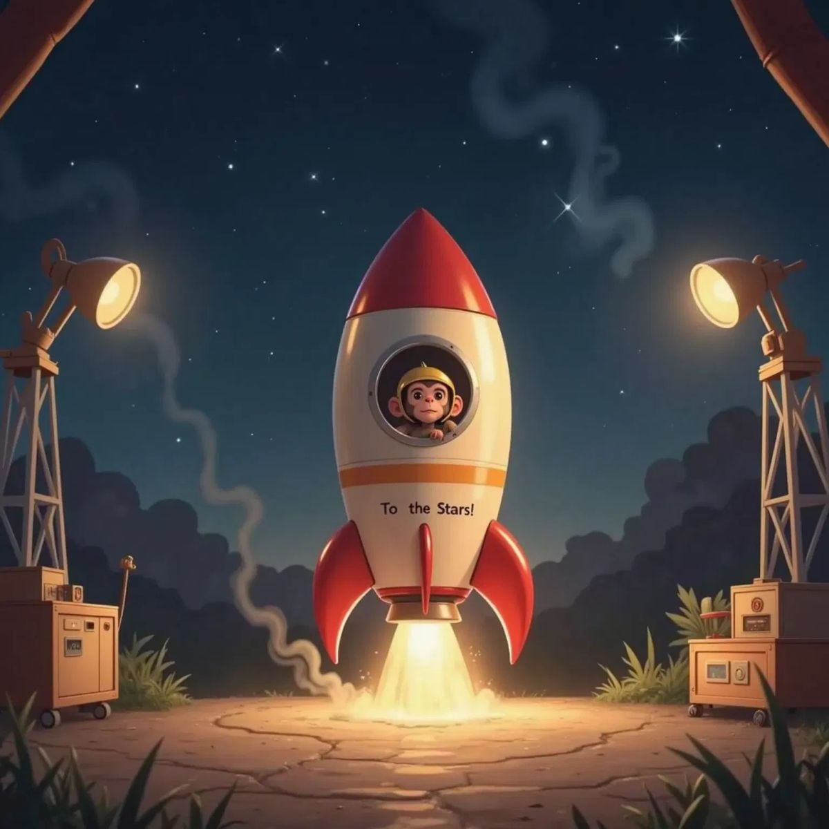Gizmo, a curious monkey wearing a tiny helmet, sitting inside a small rocket on a launchpad with stars beginning to appear in the sky.
