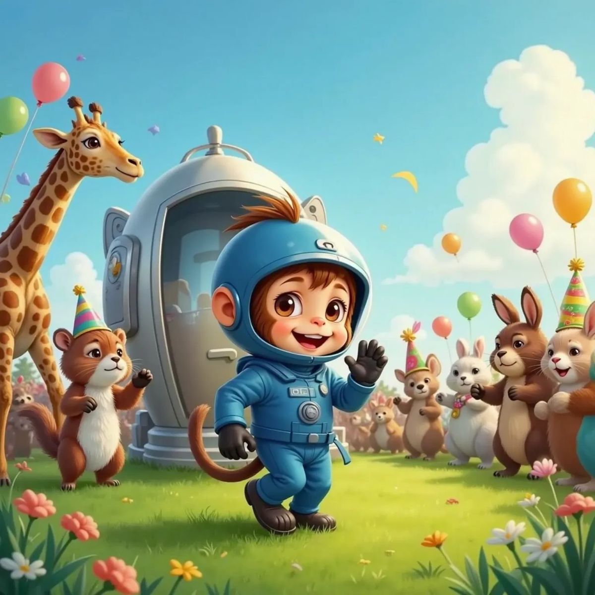 Gizmo, joyful and waving, stepping out of his spaceship onto green grass, with a crowd of cheering animals in the background.