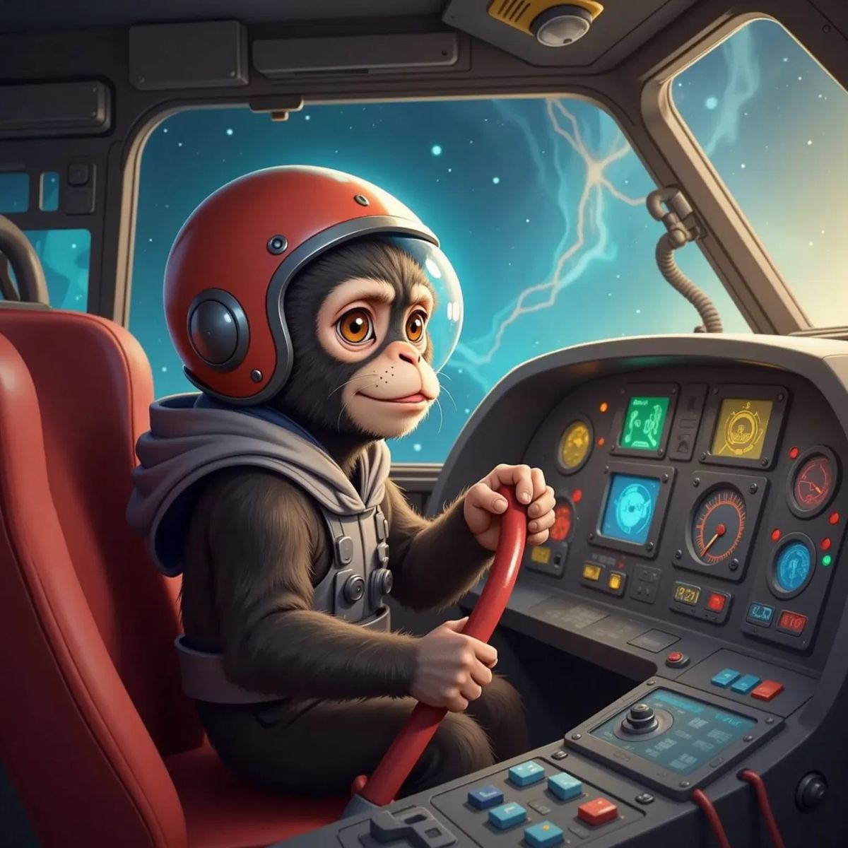 Gizmo, looking determined, gripping a handle and pressing colorful buttons and levers on a spaceship dashboard with flashing lights.