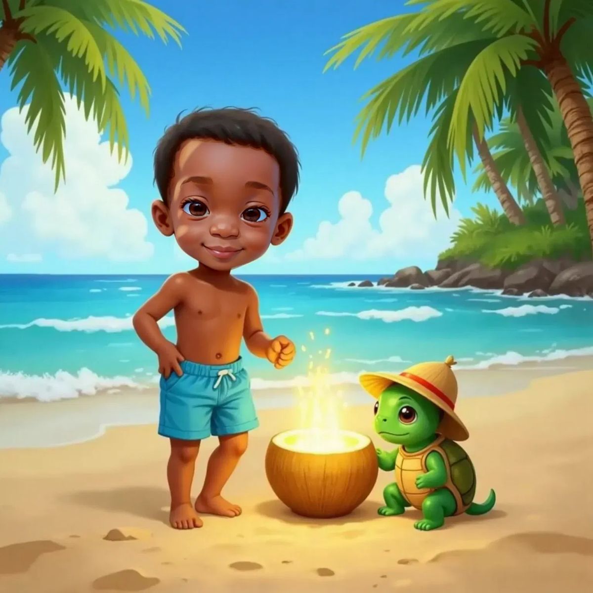 Antuan, a smiling 5yo boy with short dark hair, standing on a sandy beach beside a glowing golden coconut that is open. Tito, a tiny green baby turtle wearing a huge straw hat, sits next to the coconut, grinning widely. Gentle waves and palm trees in the background under a sunny sky.