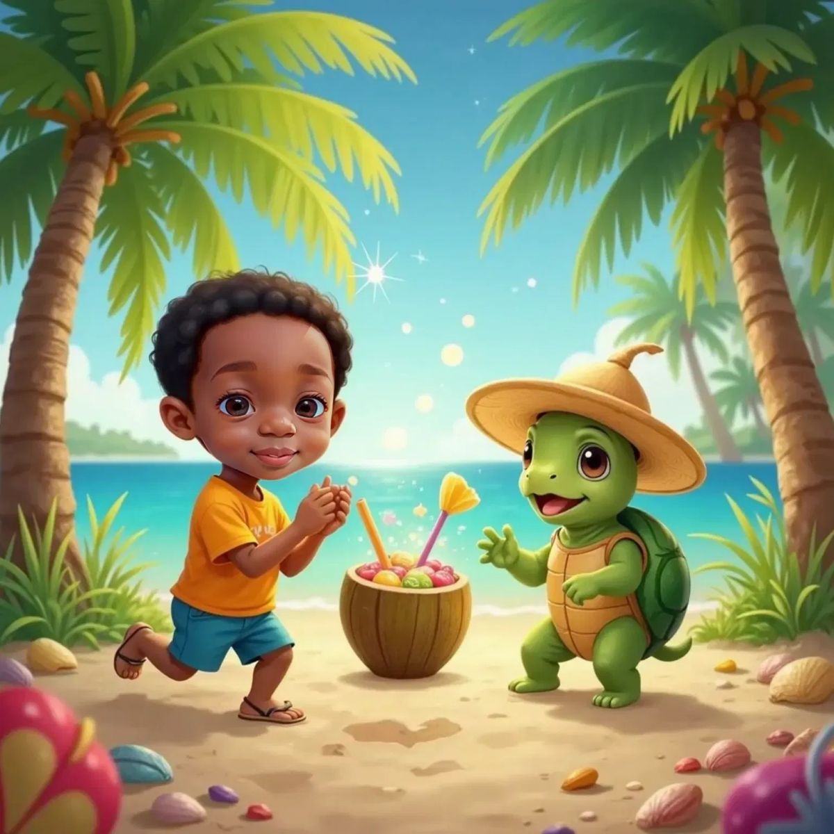 Antuan, clapping and giggling with glee, holds a coconut filled with rainbow fruit punch. Tito, the green baby turtle with a huge straw hat, dances nearby. Magical Coconut Island surrounds them, with glowing palm trees and colorful animals with sparkling fur dancing in the background.