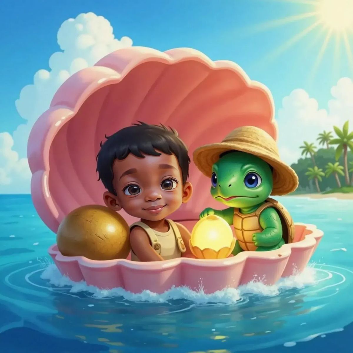 Tito, the talking green baby turtle with a huge straw hat, and an excited Antuan sitting inside a giant pink seashell floating on sparkling blue waves. The glowing golden coconut sits beside them in the shell, glowing like a lantern. The distant outline of Coconut Island is visible under a bright sky.