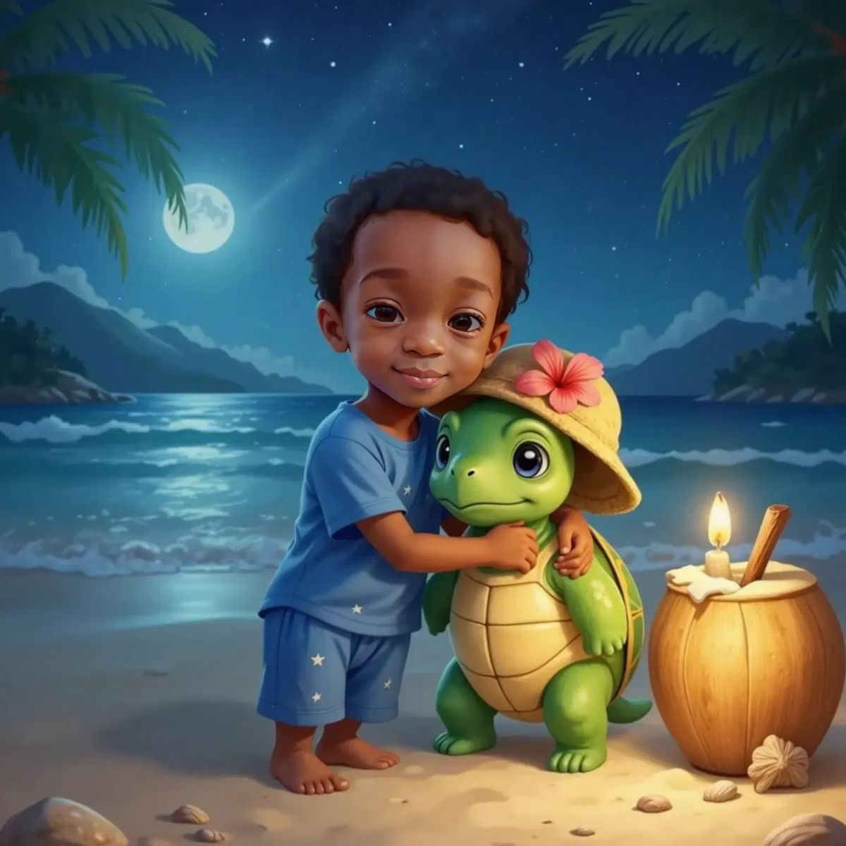 A sleepy but happy Antuan hugging Tito, the green baby turtle with a huge straw hat, on a moonlit beach. The softly glowing golden coconut sits beside them. The ocean sparkles under the starry sky, and the beach feels magical in the gentle moonlight.