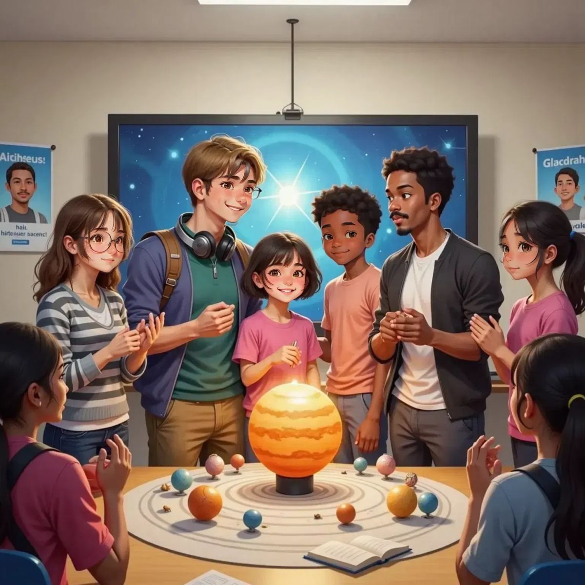 Stella laughing happily with her new friends: Giulia with a proud smile, Tommaso, Riccardo, and Marta standing together in front of a colorful solar system model. The classroom is filled with applauding classmates. A screen in the back shows a digital avatar representing the AI.