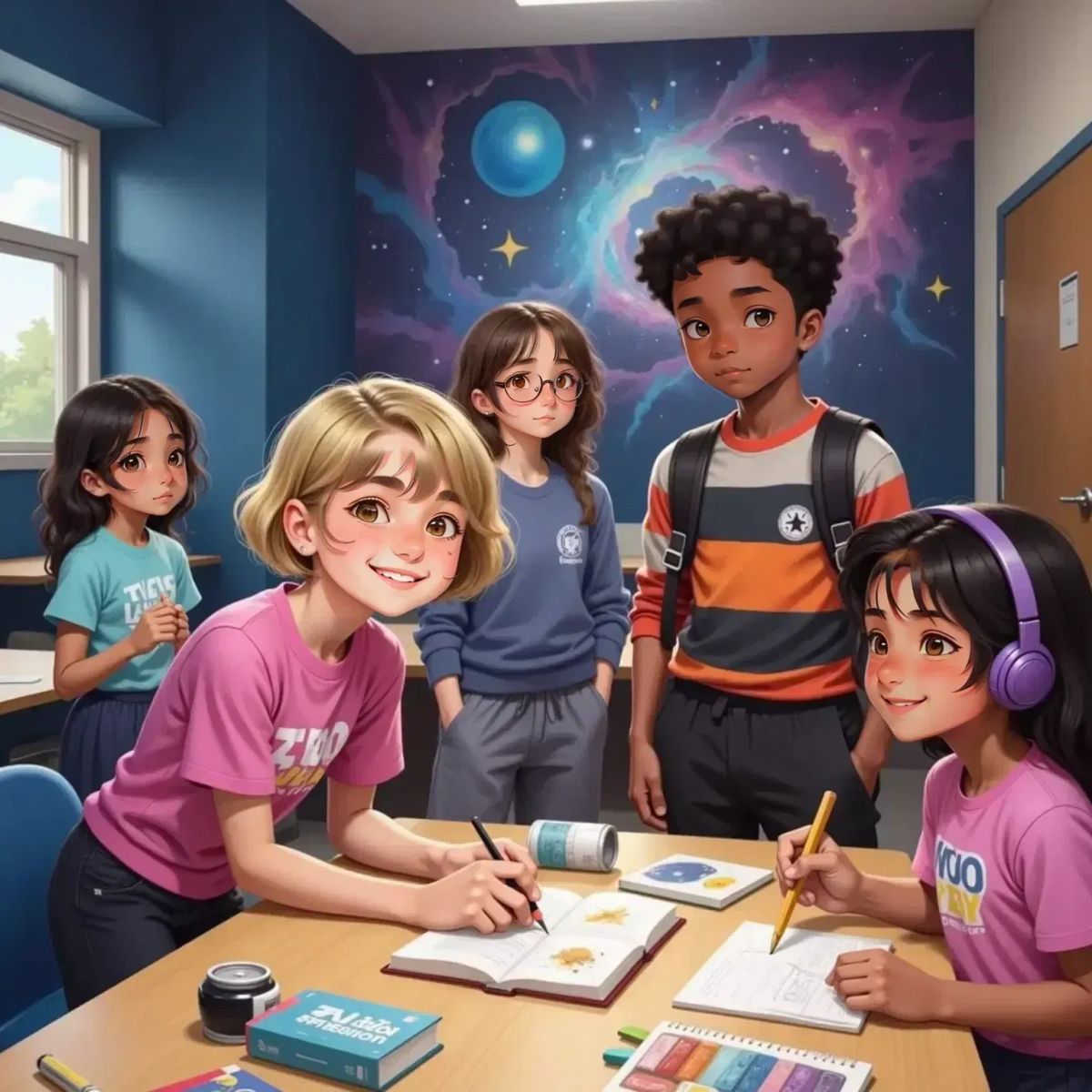A smiling student sketches a solar system at a table covered with art supplies, while another holds headphones nearby. Colorful sprays and a classroom wall are in the background.