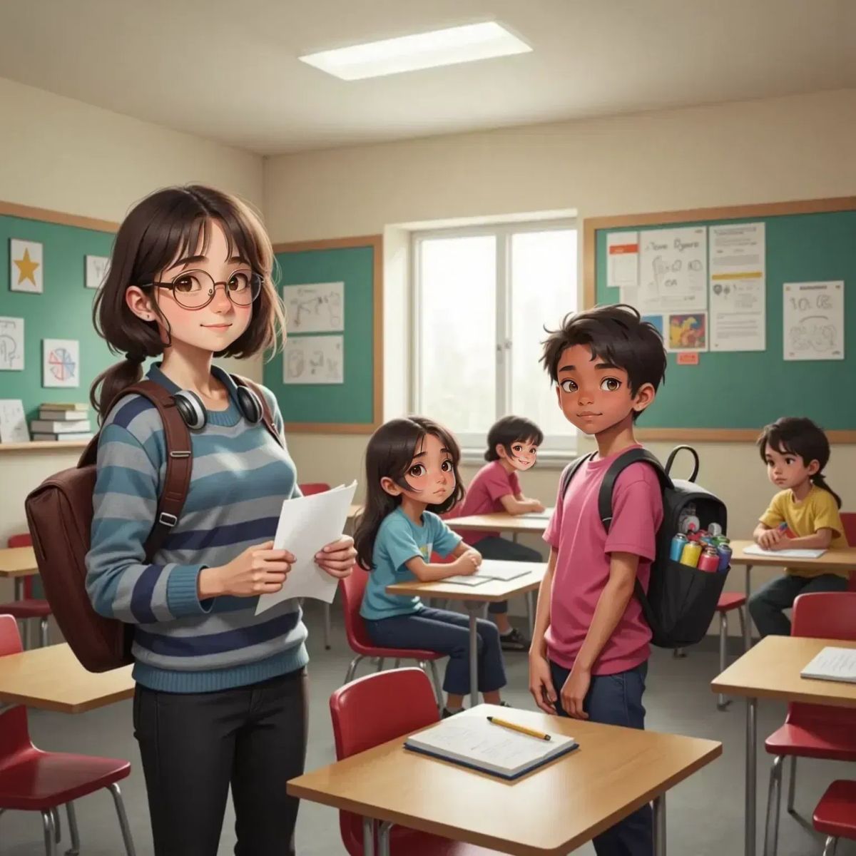 Stella with a skeptical expression holding a printed list, standing next to a smiling Tommaso. In the background, Marta sits with a pensive face near Riccardo, who has a backpack filled with colorful spray cans. Giulia stands nearby, cheerful and encouraging. A classroom with desks and a bright, expectant atmosphere.
