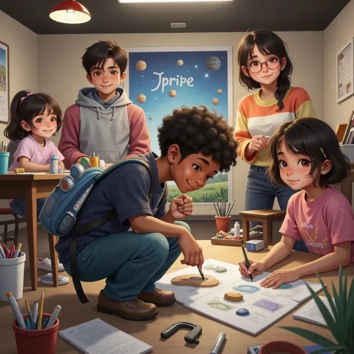 Riccardo focused and smiling, drawing detailed planets on a large poster. Marta, surprised and admiring, watches him. In the background, Tommaso with a small keyboard and Stella writing on a notepad. Giulia, laughing, is nearby. The room is filled with creative energy and scattered art materials.