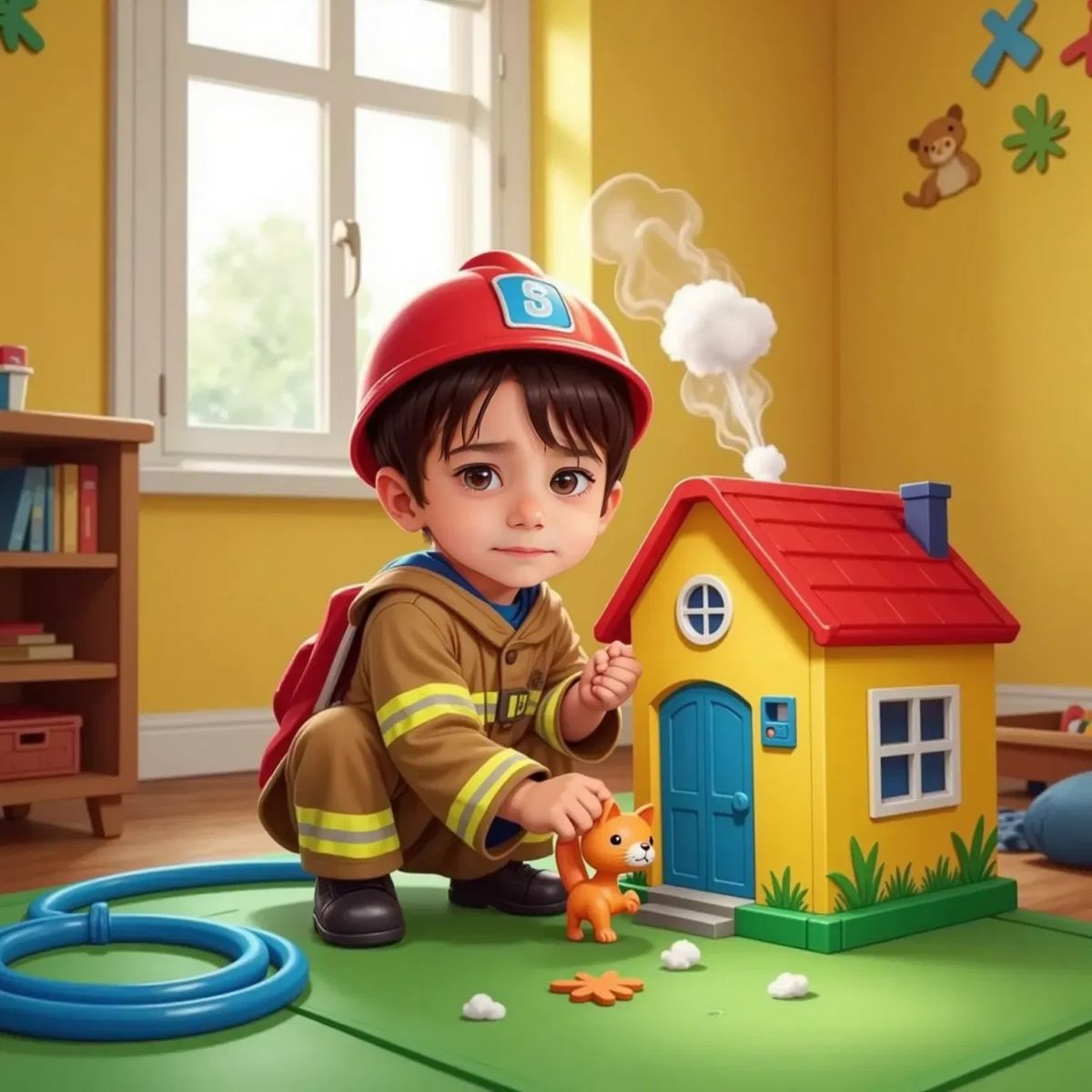 Kai, wearing his red helmet and fire fighter uniform , kneeling beside a toy house with pretend smoke coming out, gently lifting a small orange toy cat. A blue toy hose lies next to him.