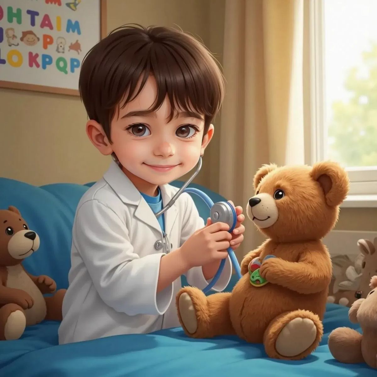 Kai wearing a white coat and holding a toy stethoscope to a brown teddy bear lying on a bed. Kai looks caring and focused.