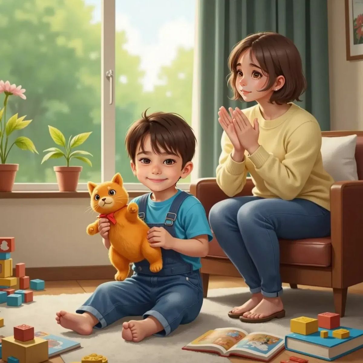Kai hugging his orange toy cat tightly, grinning with pride. His mom, a smiling woman with short brown hair, claps in the background.