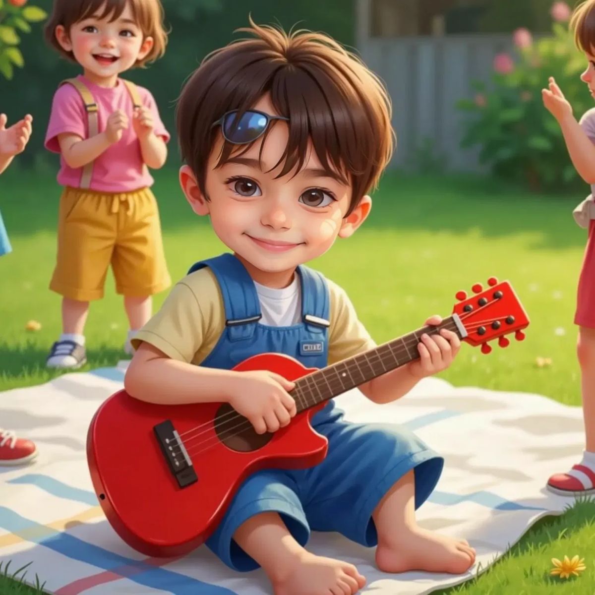 Kai wearing sunglasses and strumming a red toy guitar. Two kids clap and smile in the background. Kai bows with a big grin.
