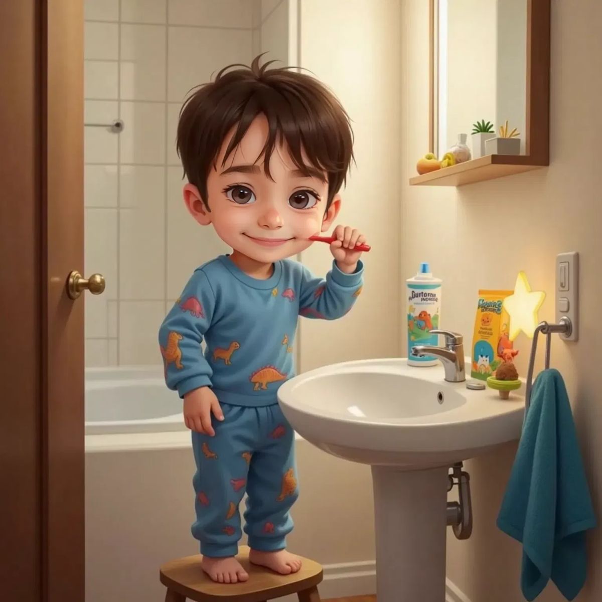Kai is brushing his teeth and getting ready to sleep