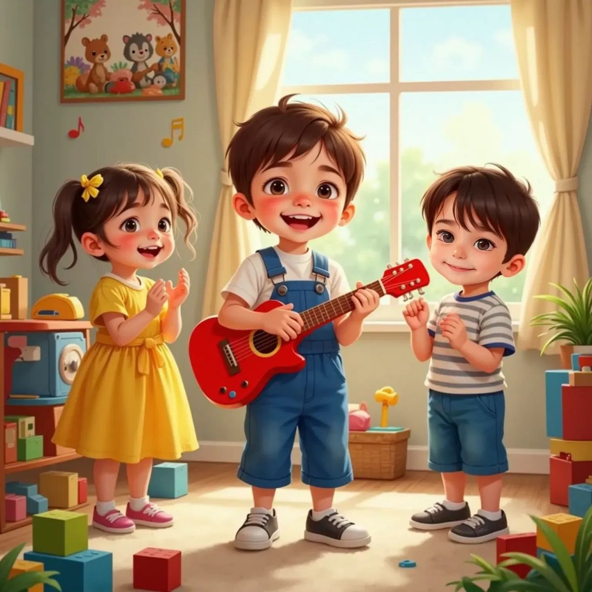 Kai playing his red toy guitar, laughing. Two friends stand beside him, clapping and singing along. The room is filled with musical notes and joy.