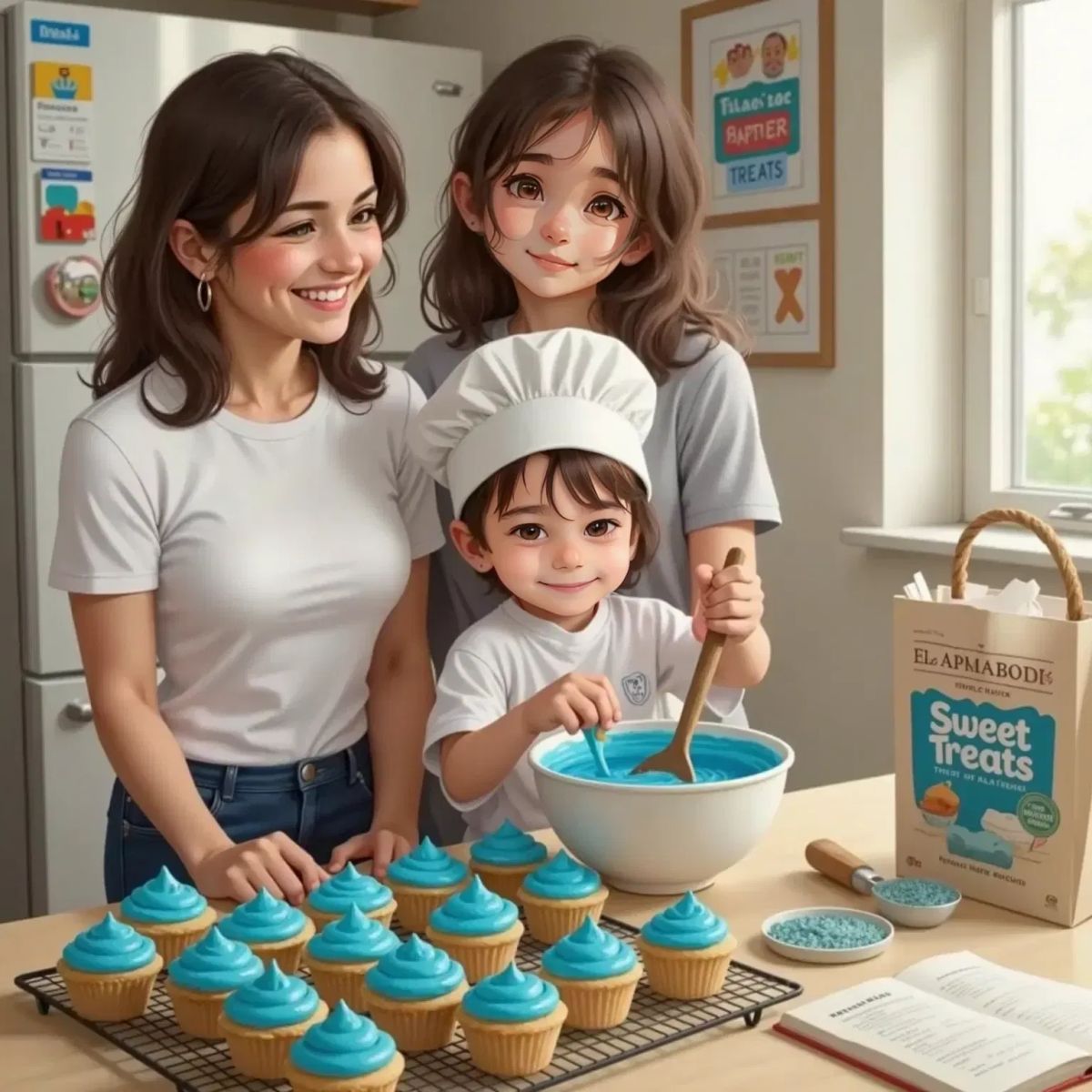 Kai in a white chef hat and apron, stirring blue icing in a bowl at the kitchen table. Cupcakes with blue icing are neatly lined up. His mom and a friend smile nearby.
