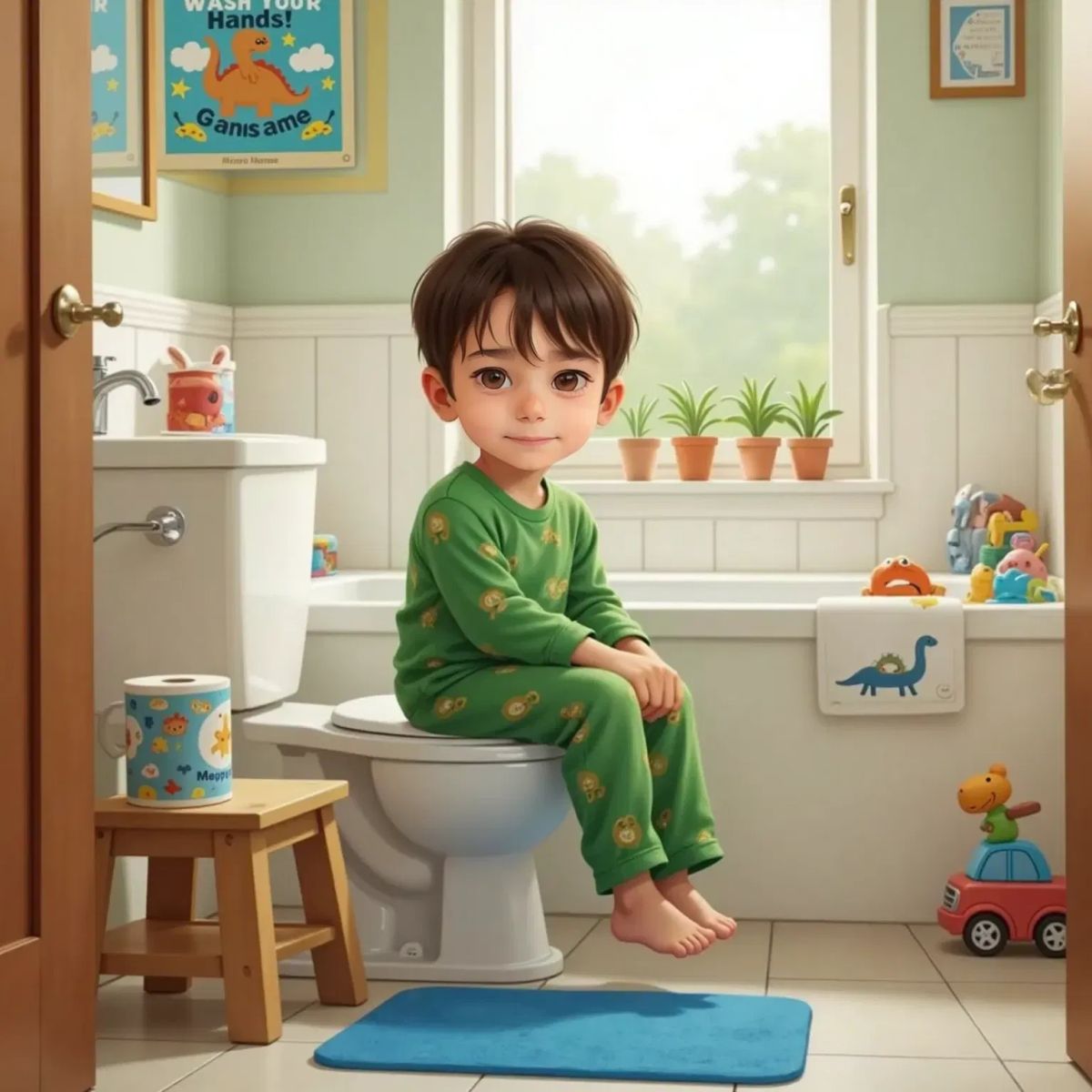 Kai is sitting in the toilet. he is wearing his green pjs with dinos