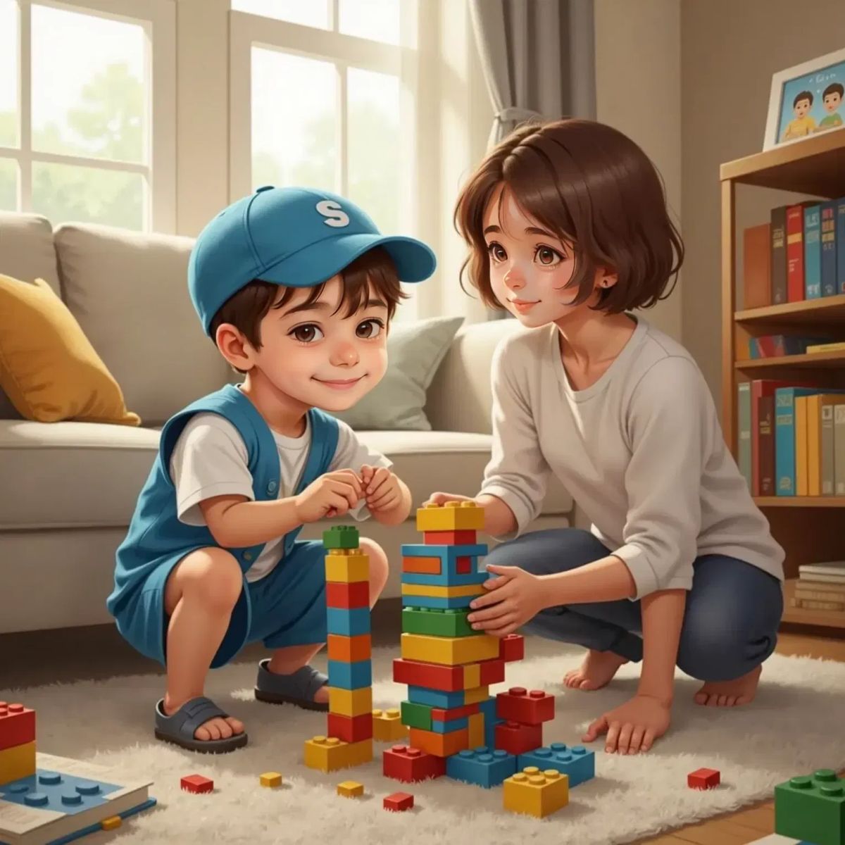 Kai wearing a blue cap and vest, stacking colorful legos to build a tall tower. His mom, a smiling woman with short brown hair, watches admiringly.