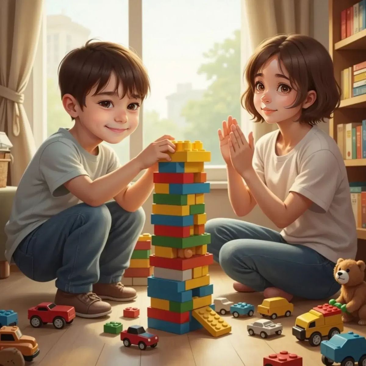 Kai carefully placing the last lego on top of a tall, colorful lego tower. His mom claps happily. Kai giggles with excitement.