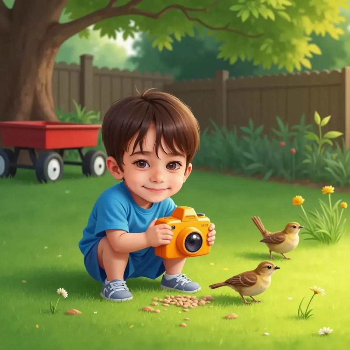 Kai in a blue shirt, holding an orange toy camera, taking pictures of small brown and yellow birds pecking in the grassy yard. He beams with pride.