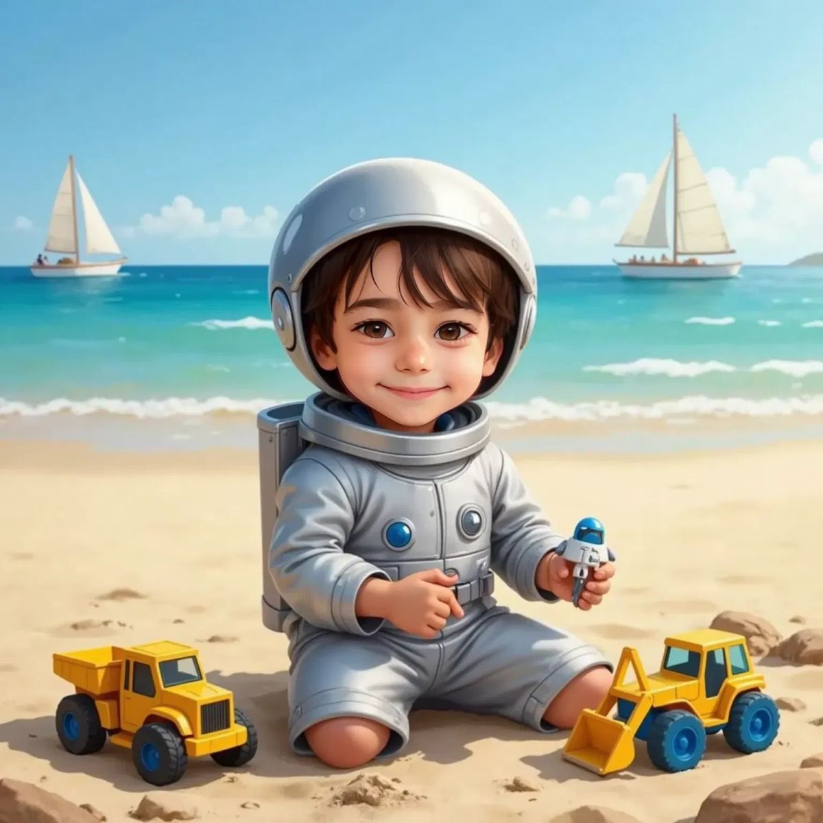 Kai wearing a silver astronaut suit and helmet, sitting in the sand with yellow and blue digger toys beside him. He smiles, ready for a space adventure.
