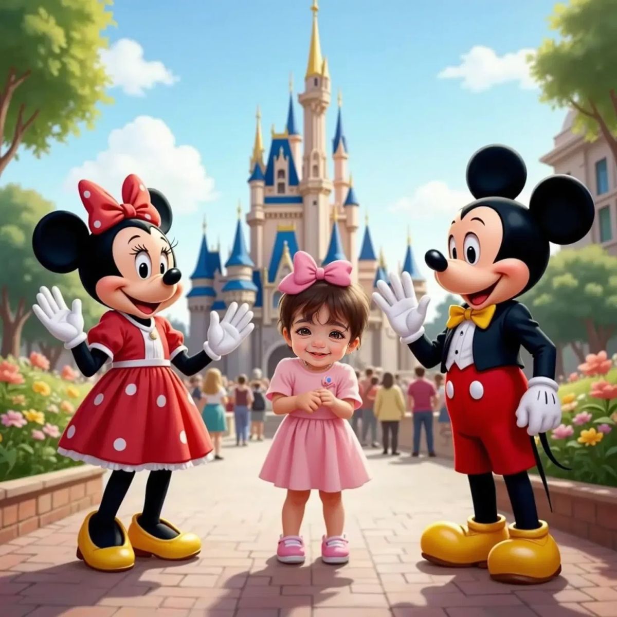 Nia Joy clapping and smiling, standing by Cinderella’s castle, with Minnie Mouse in a red polka-dot dress and Mickey Mouse in red shorts waving nearby.