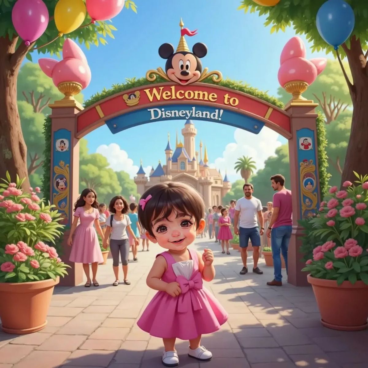 Nia Joy, a 1-year-old girl with sparkling eyes, holding her mother's hand at the dazzling Disneyland entrance with magical decorations and Mickey-shaped balloons above.