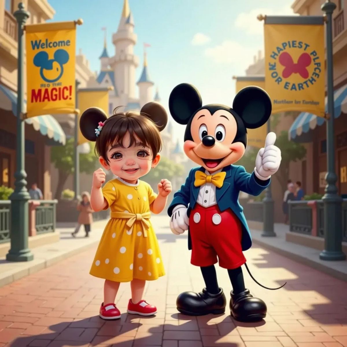 Mickey Mouse giving a big thumbs-up, standing next to excited Nia Joy with wide eyes, with colorful Disneyland banners behind.