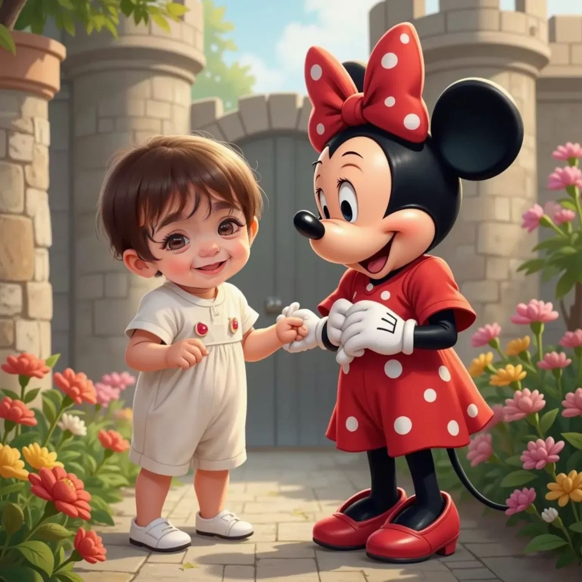 Minnie Mouse in her red polka-dot dress smiling warmly at Nia Joy, with the castle’s stone wall and flowers in the background.