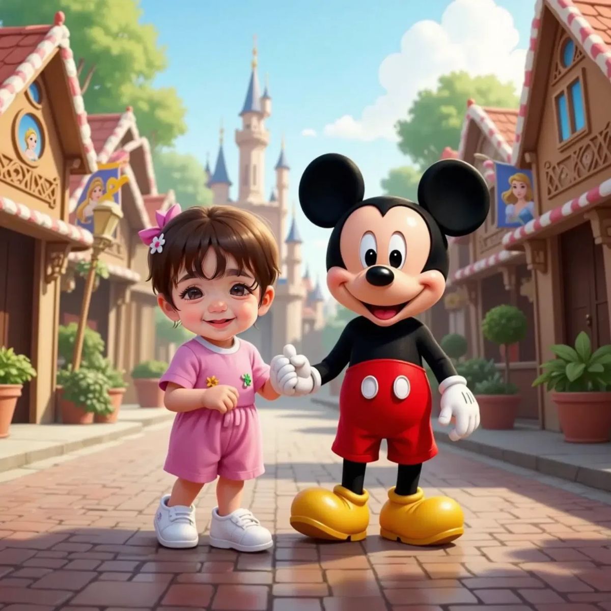 Nia Joy holding Mickey Mouse’s hand, walking through Fantasyland filled with fairy tale cottages and colorful banners.