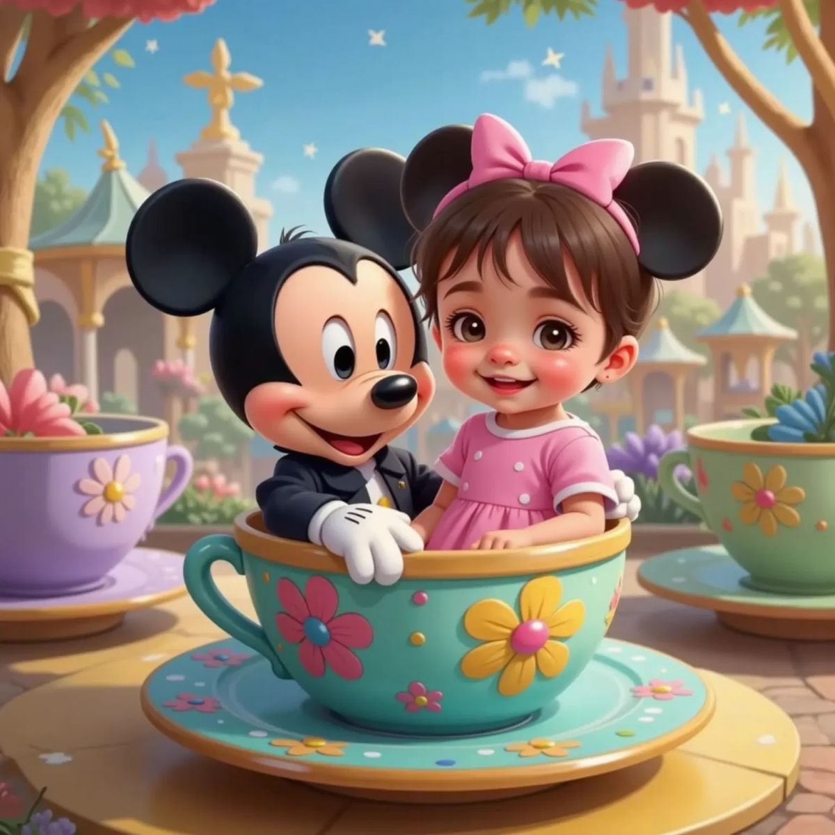Nia Joy and Mickey Mouse sitting in a brightly colored teacup ride, surrounded by swirling pastel teacups and whimsical lights.