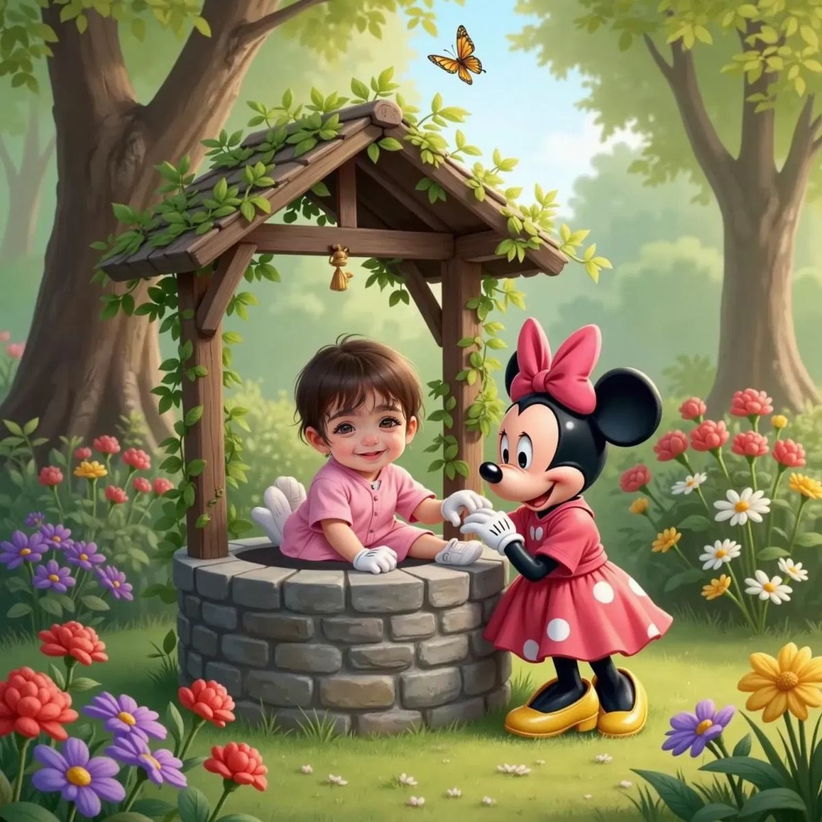 Minnie Mouse kneeling beside Nia Joy at a stone wishing well, both with closed eyes, surrounded by blooming flowers.