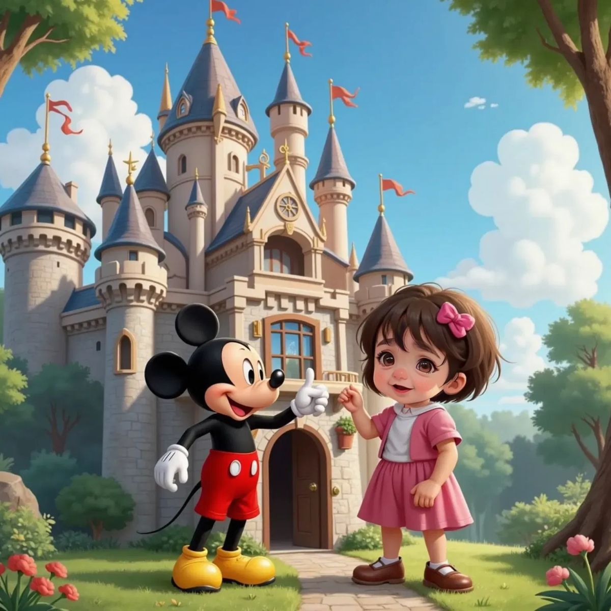 Mickey Mouse pointing at a tiny wooden door at the base of the castle, with Nia Joy looking at it with wide, amazed eyes.