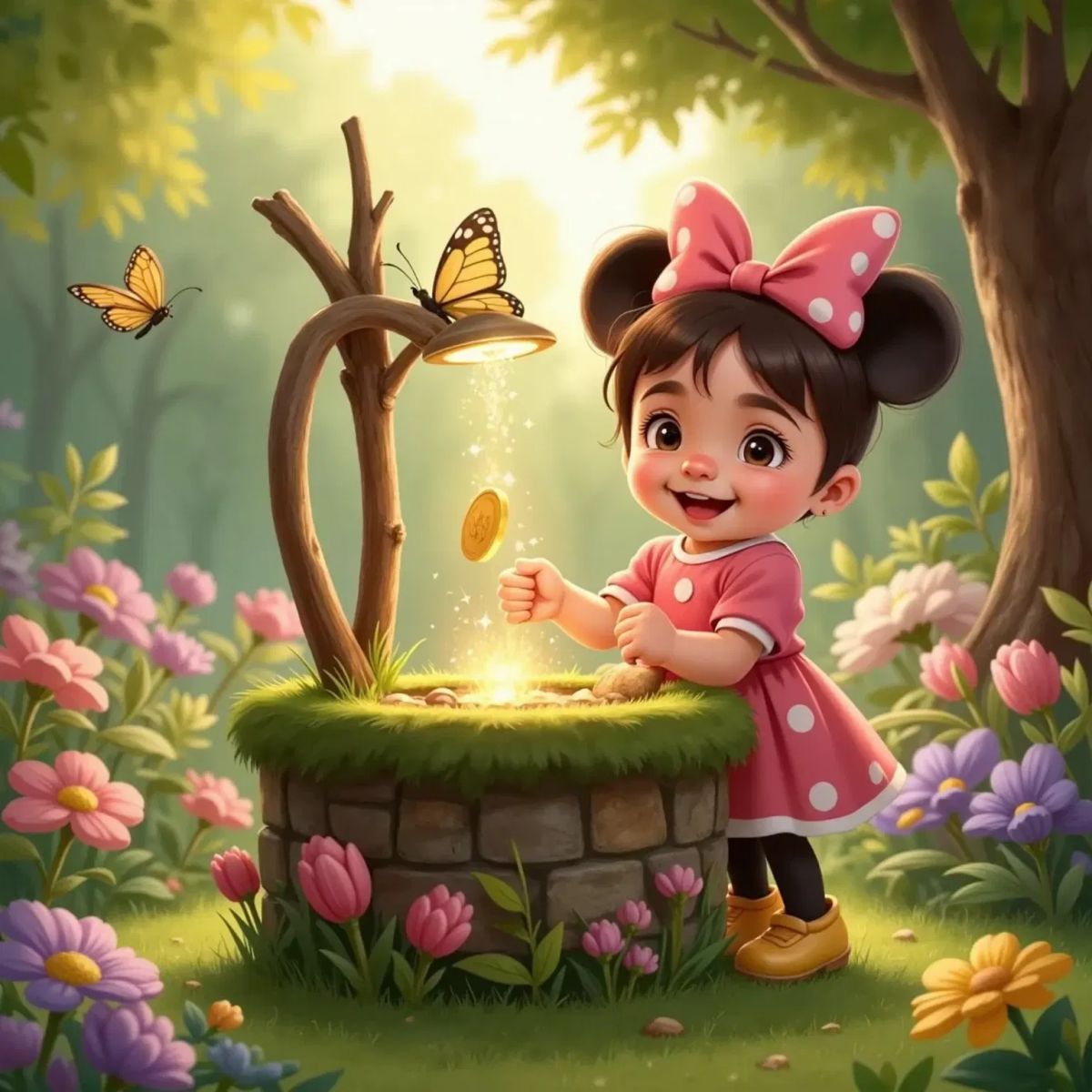 Nia Joy smiling with hands clasped, Minnie Mouse tossing a coin into the sparkling wishing well, flowers blooming around.