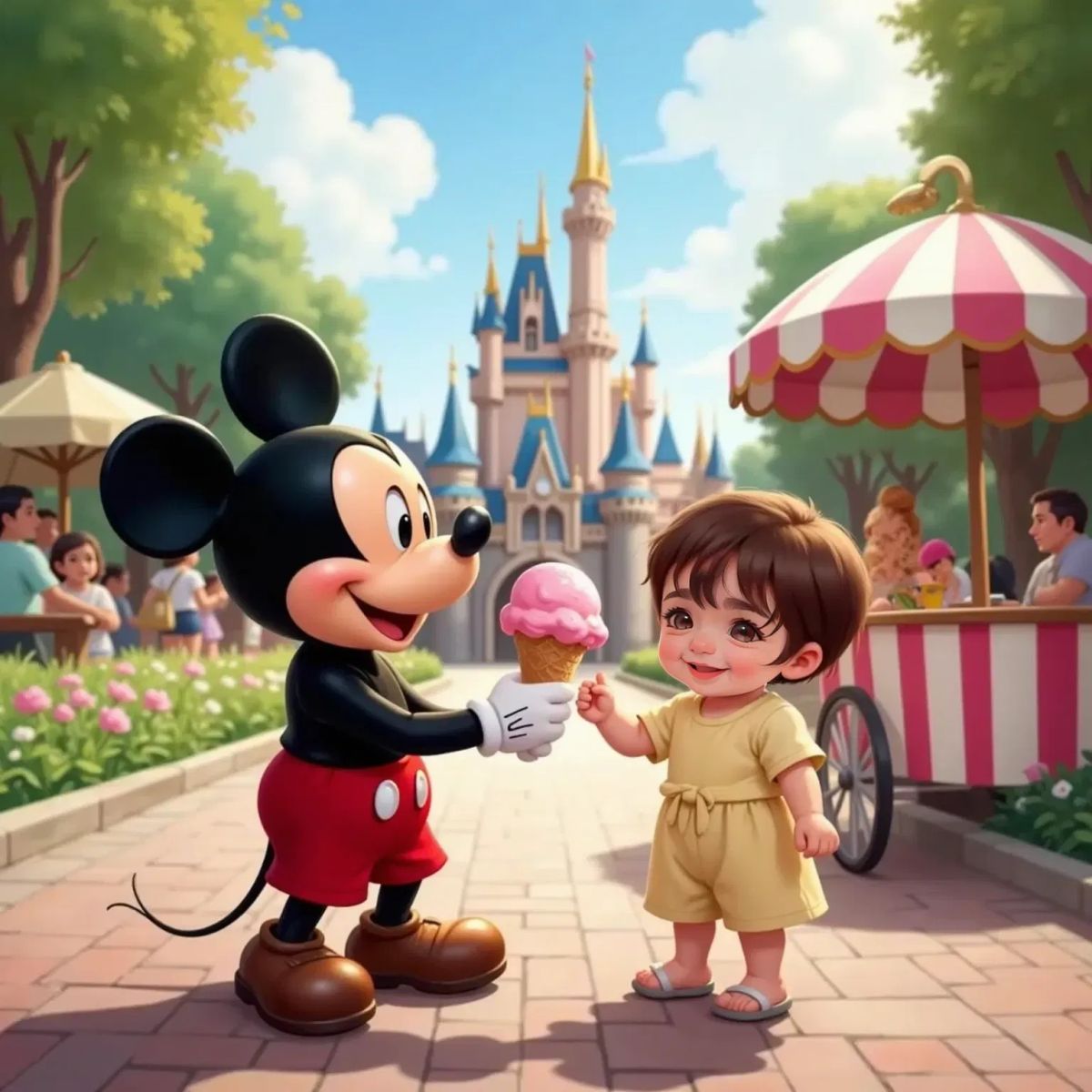 Mickey Mouse handing a tiny cone of pink ice cream to a giggling Nia Joy, with a candy-striped cart and Disneyland park behind.