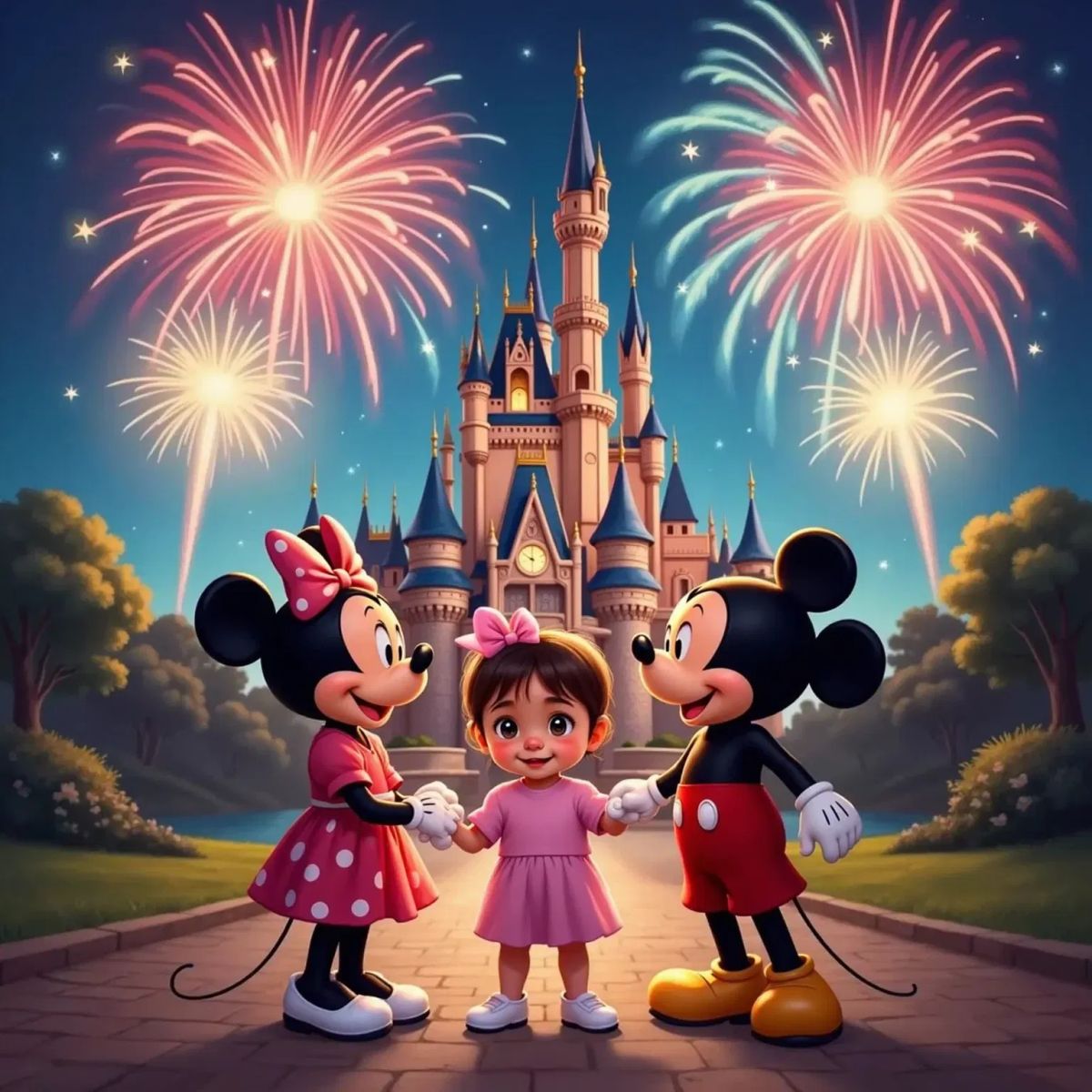 Nia Joy standing between Minnie Mouse and Mickey Mouse, all holding hands, watching colorful fireworks light up the night sky above the castle.