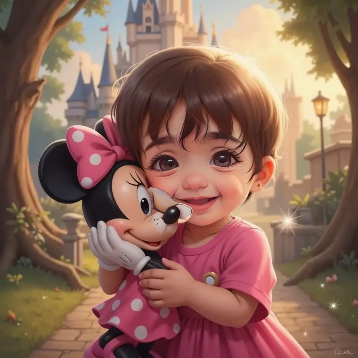 Nia Joy hugging Minnie Mouse tightly, both smiling, with the castle softly lit in the background and magical sparkles in the air.