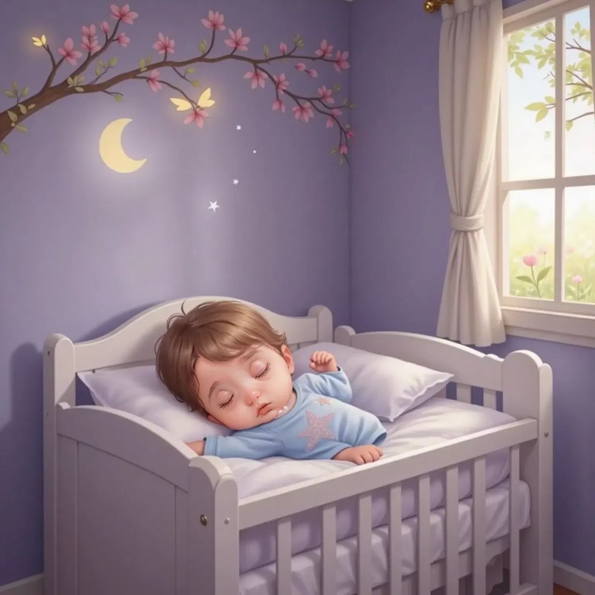 Mae Eve with soft light brown hair sleeping peacefully in her crib under a glowing moonlight. An Enchanted Garden filled with twinkling flowers and distant silhouettes of tiny fairies in the background.