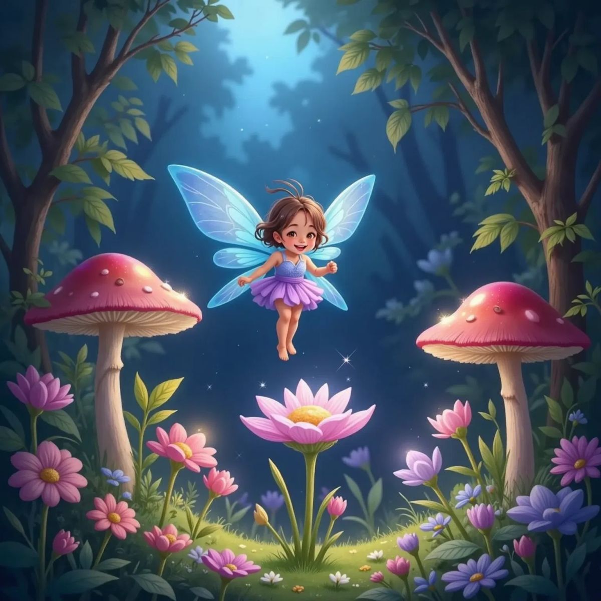 Flutter, the tiniest fairy with shimmering blue wings and a joyful expression, hovering above a patch of glowing flowers in the Enchanted Garden.