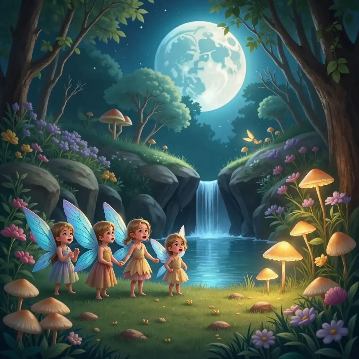A group of excited tiny fairies with delicate wings gathered in the moonlit Enchanted Garden. Flutter, the tiniest fairy with shimmering blue wings, looks proud among them.