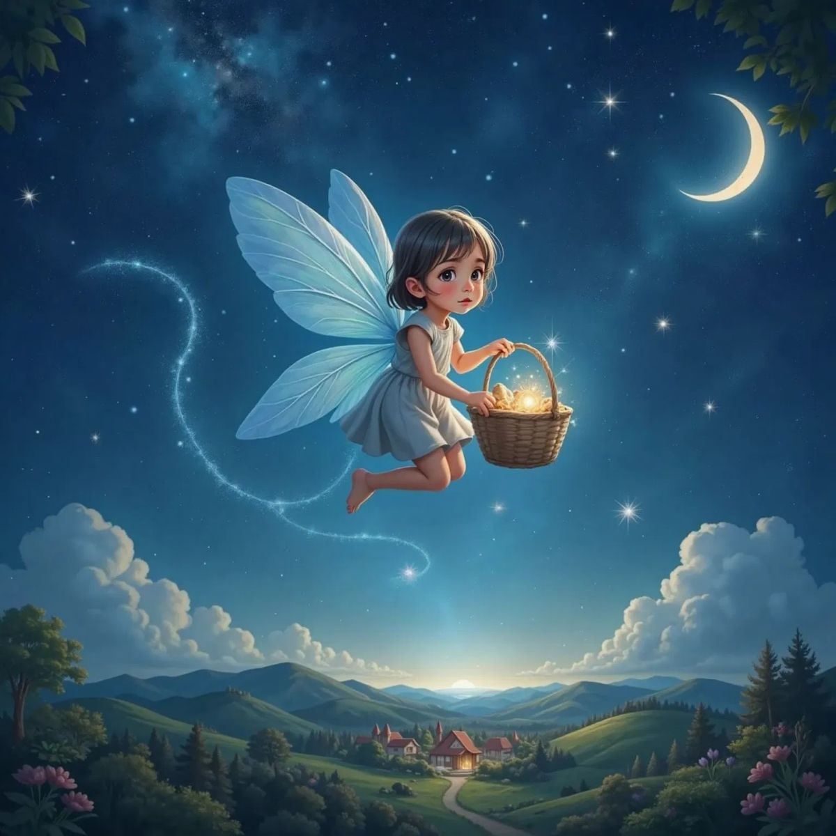 Flutter, the tiniest fairy with shimmering blue wings, soaring across a starry night sky, carrying a twinkling basket of treasures.