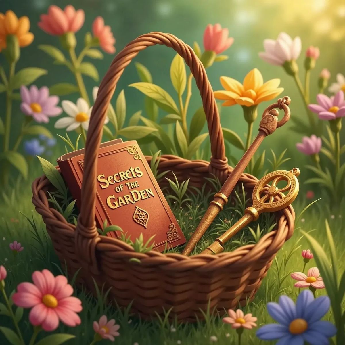 A tiny basket filled with a small book, a slender paintbrush, a golden key, and a sparkling flower-shaped wand, sprinkled with golden fairy dust. Enchanted Garden flowers in the background.