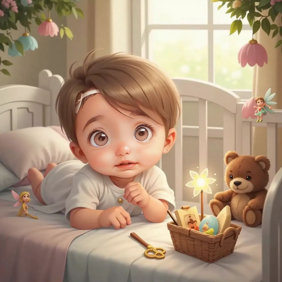 Mae Eve with soft light brown hair just waking up in her crib, smiling. The tiny basket with the book, paintbrush, golden key, and sparkling flower-shaped wand placed before her, with soft fairies glowing nearby.