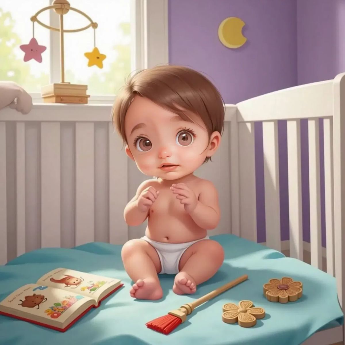 Mae Eve sitting up in her crib, clapping her tiny hands and gazing with wide-eyed curiosity at the book, paintbrush, golden key, and sparkling flower-shaped wand before her.