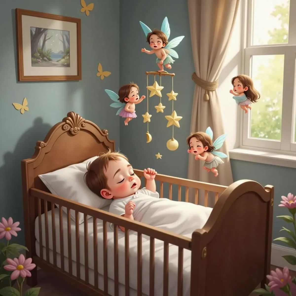 A cluster of tiny fairies, including Flutter with shimmering blue wings, hovering quietly above Mae Eve’s crib with excited expressions.
