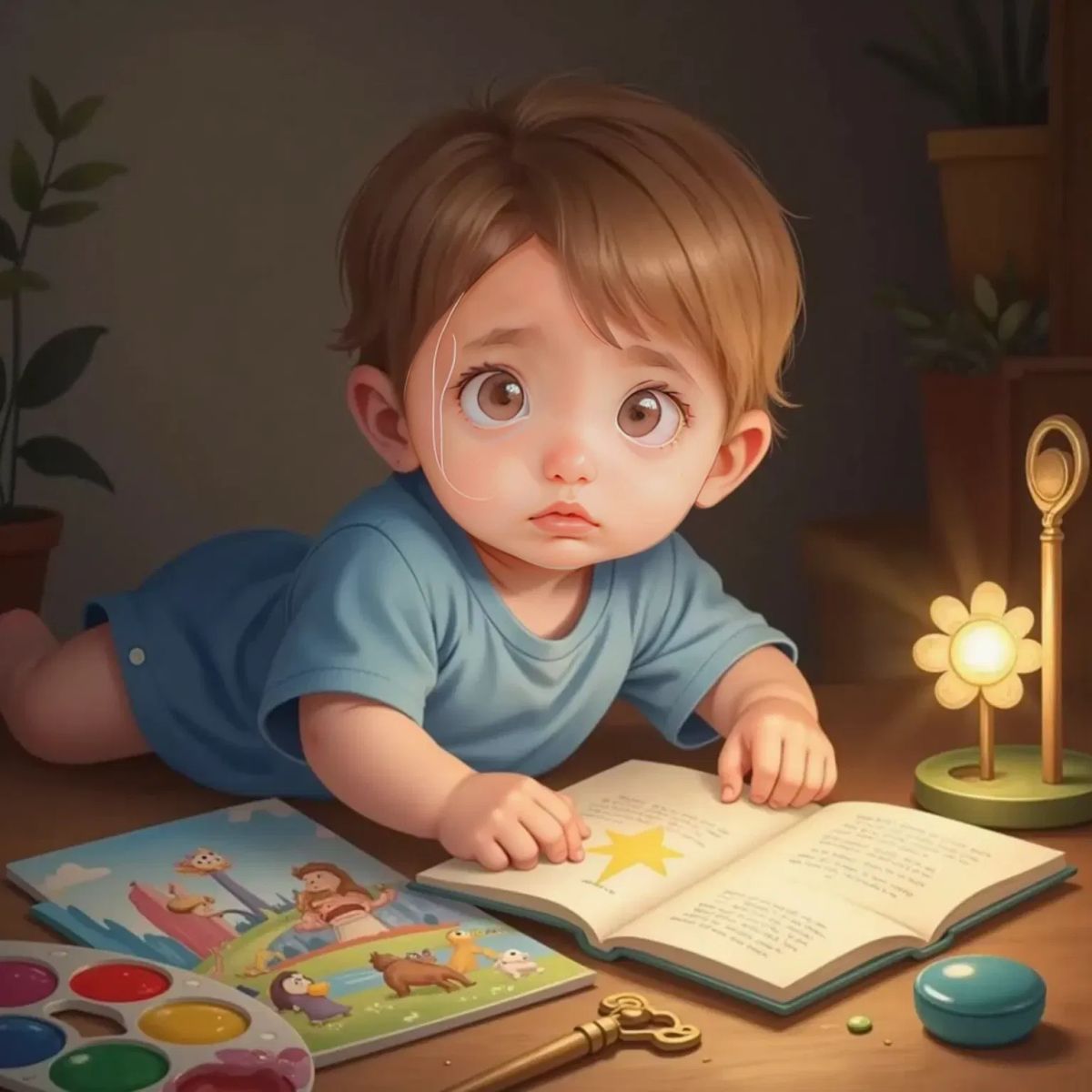 Mae Eve reaching out with her little fingers, pausing over the book, paintbrush, golden key, and the sparkling flower-shaped wand that glows softly.
