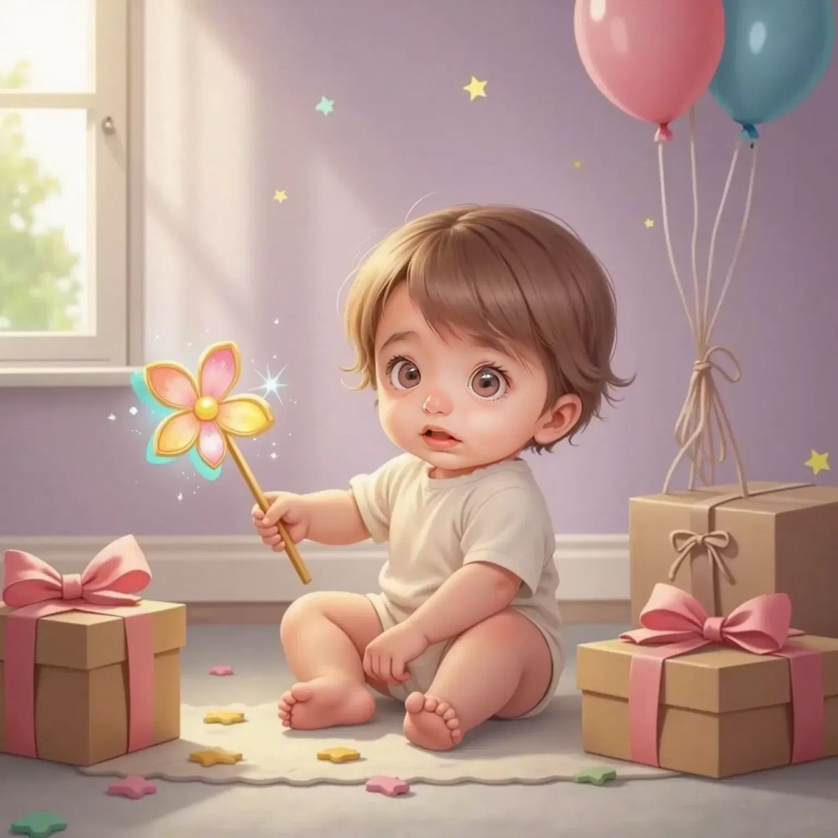 Mae Eve giggling gently as she touches the sparkling flower-shaped fairy wand, which glimmers with magical light. The other gifts rest nearby.