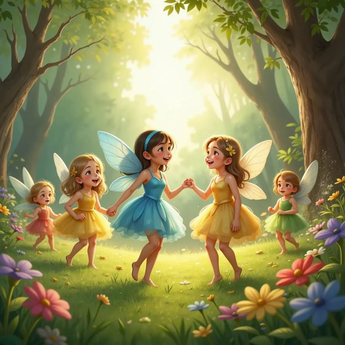 A group of tiny fairies, including a beaming Flutter with shimmering blue wings, dancing and swirling glitter through the air in celebration.