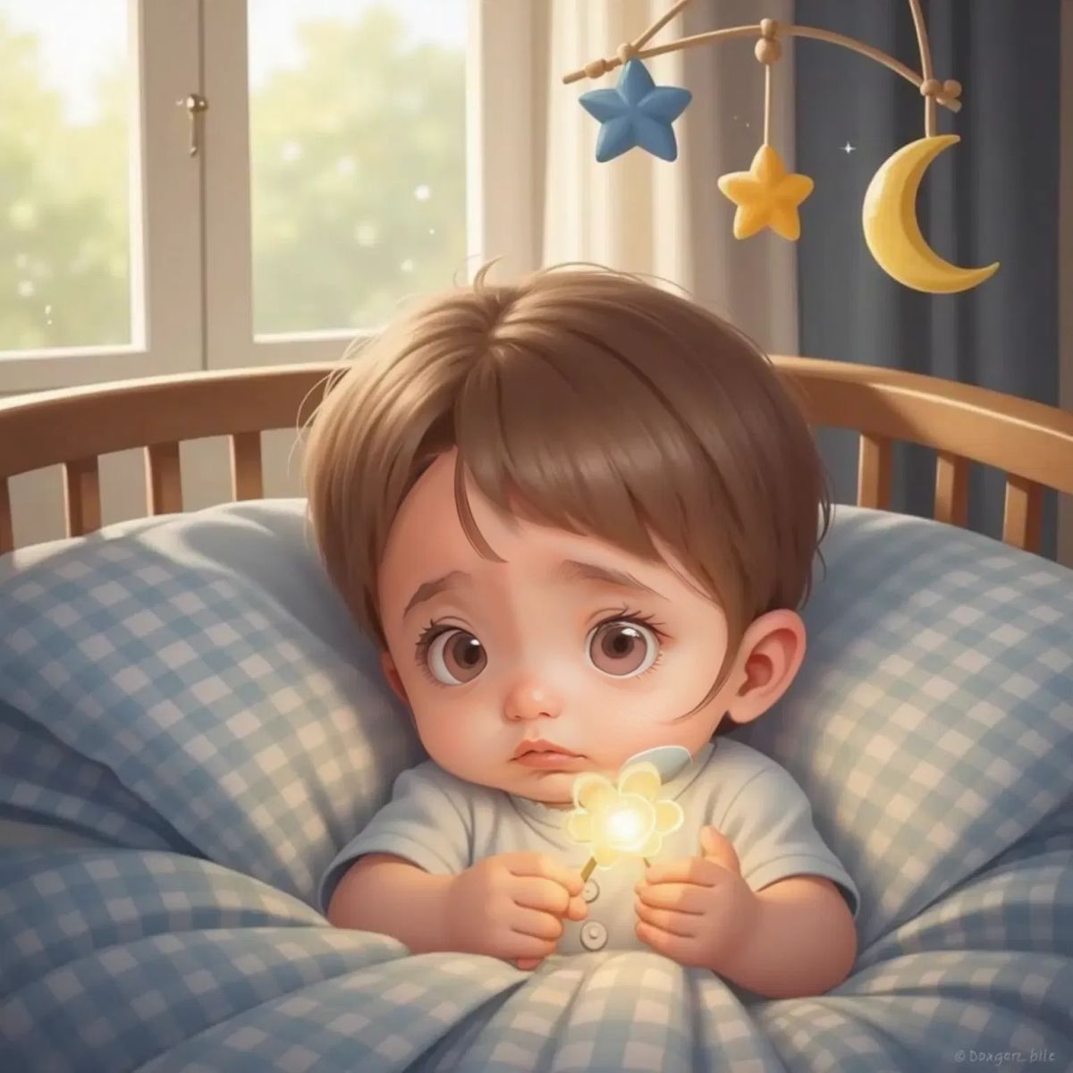 Mae Eve with a peaceful, dreamy expression, clutching the sparkling flower-shaped fairy wand to her chest. A faint magical glow surrounds her, hinting at adventure and dreams.