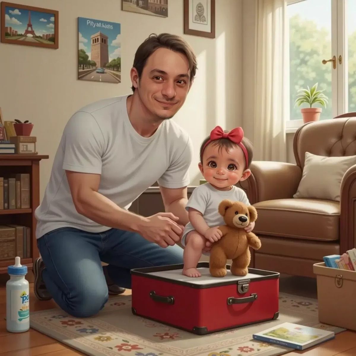 Glenn packing a small red suitcase beside smiling Ilaria, who is hugging a brown stuffed bear with a red bow. A cozy living room background with travel posters on the wall.