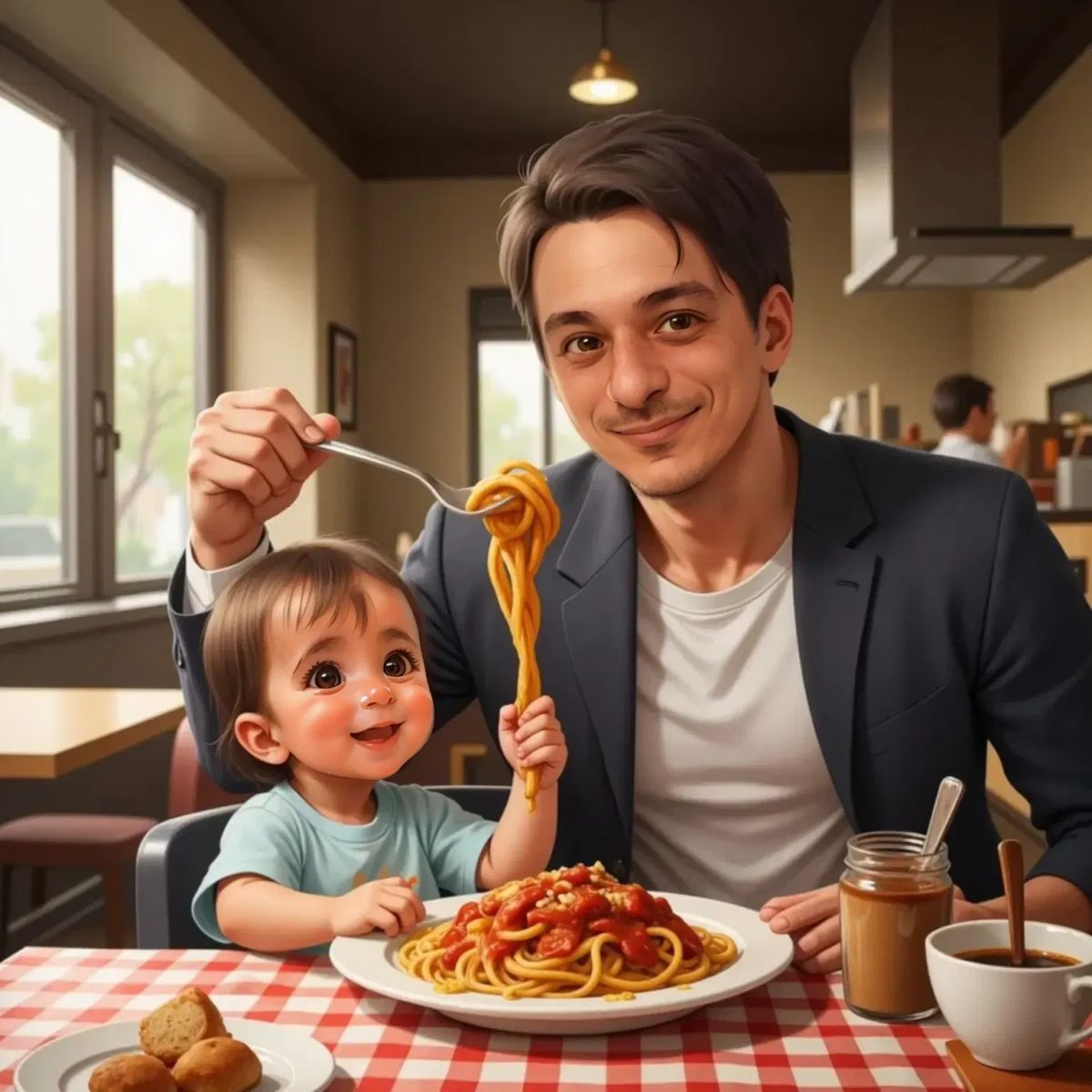 Glenn and Ilaria laughing as Glenn twirls spaghetti, sauce on Ilaria’s shirt at a café table.