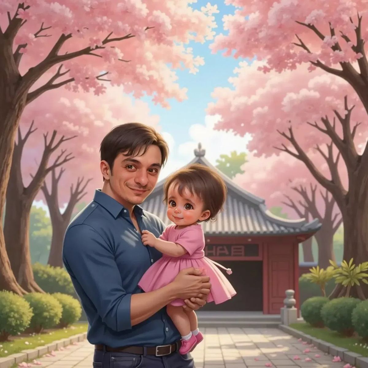 Glenn and grinning Ilaria standing under blooming pink cherry blossom trees in Japan. Petals float around them, a temple roof in the distant background.